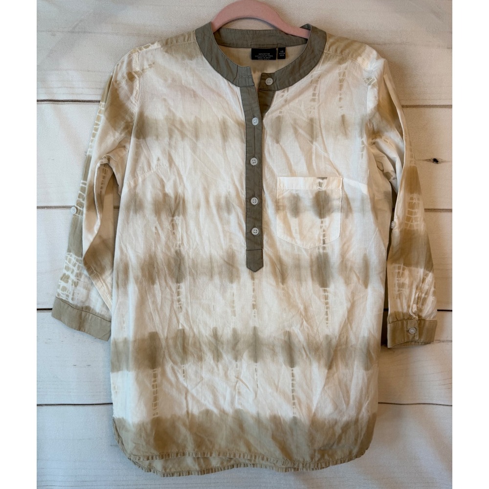 Madison Mathews Tie Dye Cotton Henley Tunic Top Olive Cream XS Long Sleeve